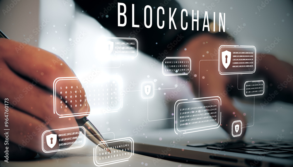 Poster Close up of male hands using keyboard with creative encrypted blockchain hologram on blurry background. Block chain network and technology concept. Double exposure.