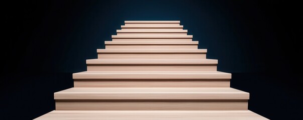 Modern wooden stairs leading upward, illuminated by soft light, creating a sense of hope and aspiration in a minimalistic setting.