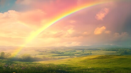 Naklejka premium A dreamy rainbow arches over the scenic, lush countryside fields image