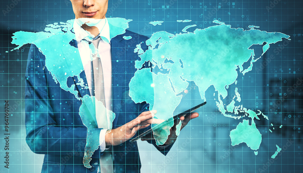 Poster close up of businessman hands using digital pad with map hologram on blurry background. travel and t