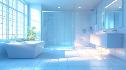 Sunlight Bathes a Modern Bathroom in a Cool Blue Hue A Low Angle Perspective of a Tiled Room with a Glass Shower and a Freestanding Tub