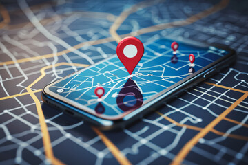 A smartphone with a red dot displayed on the screen, indicating a location on a map, symbolizing navigation or tracking in progress.