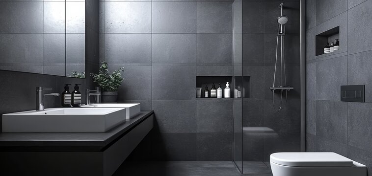 Minimalist Bathroom Design Sleek Sink Shower and Toilet Against a Dark Slate Tile Wall
