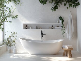 Minimalist Bathroom with Freestanding Tub White Walls and Green Plants a Luxurious Spa Experience