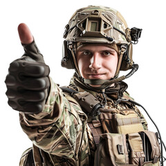 Army Soldier giving a thumbs-up on a white background.