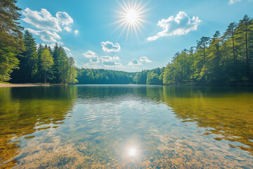 Fototapeta premium beautiful clean transparent turquoise lake with a small sandy beach surrounded by a beautiful green forest, generative AI