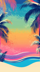 Colorful summer background with palm trees and color splashes, summer beach poster template