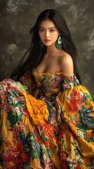 The model elegantly poses in a colorful traditional attire embodying Filipino culture