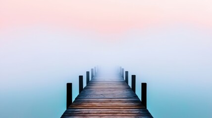 Obraz premium A serene wooden pier extending into a misty water landscape, evoking tranquility and a sense of adventure.
