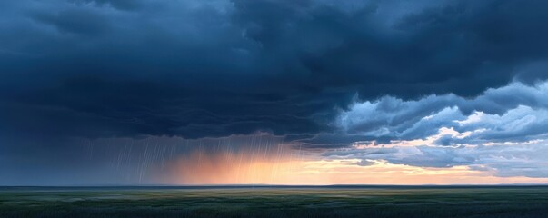Fototapeta premium Dramatic storm clouds gather over a tranquil landscape, capturing the contrast between approaching rain and fading sunlight.