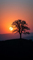 Full moon rising over hilltop tree, creating a serene and tranquil atmosphere.
