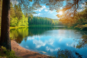 Obraz premium beautiful clean transparent turquoise lake with a small sandy beach surrounded by a beautiful green forest, generative AI