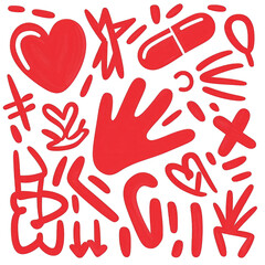 Fototapeta premium Vibrant red doodles featuring hearts, hands, and abstract shapes, ideal for creative and artistic projects. transparent background