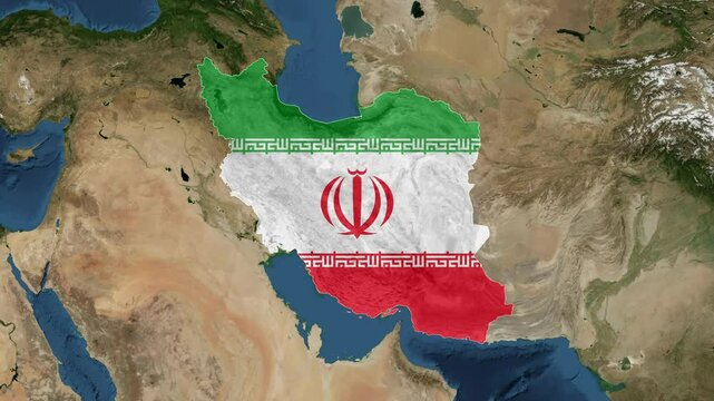 Zoom from Earth to Iran. (Country Flag) World map animation with highlighted borders of countries. Images from NASA