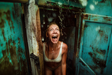 Naklejka premium A woman is standing in a shower with water pouring down on her. She is smiling and laughing, enjoying the experience