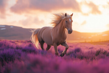 Obraz premium a beautiful light brown horse runs galloping across a purple heather meadow at sunset, wallpaper, generative AI