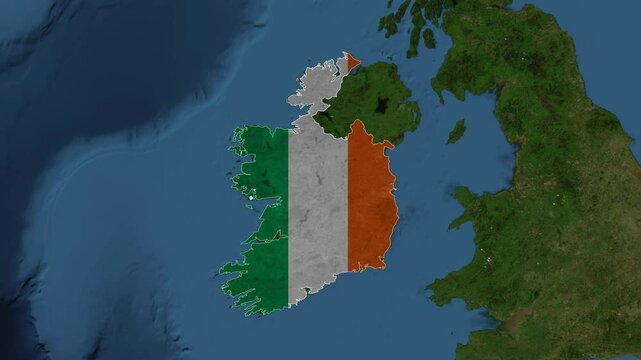 Zoom from Earth to Ireland. (Country Flag) World map animation with highlighted borders of countries. Images from NASA