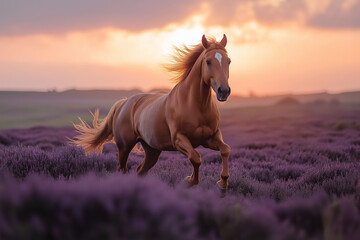 Obraz premium a beautiful light brown horse runs galloping across a purple heather meadow at sunset, wallpaper, generative AI