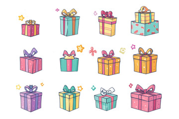 Drawings of gifts in different colors and shapes. Transparent background