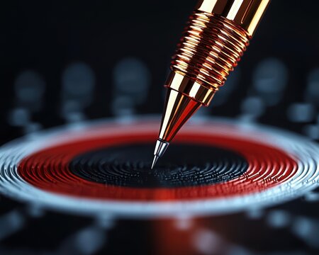 A close-up of a sleek pen poised over a circular design, symbolizing creativity and focus in a modern workspace.,3D