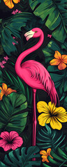 pink flamingo on a background of green monstera leaves and palm leaves, generative AI