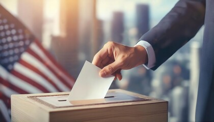 Person casting a vote in a ballot box with an American flag in the background.