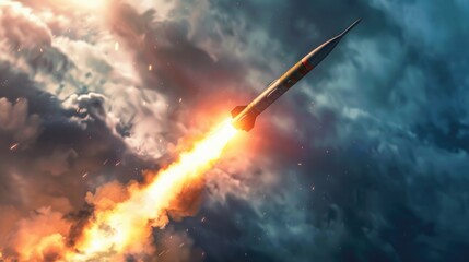 A rocket soars through a cloudy sky, leaving a trail of smoke behind