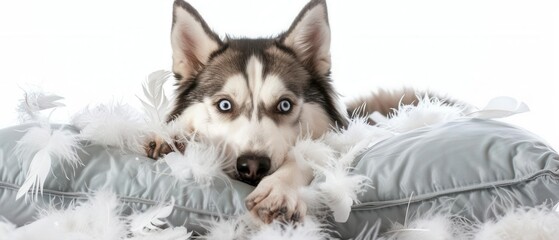 Siberian dog tearing up a pillow in the living room, playful and mischievous, feathers everywhere, isolated white background