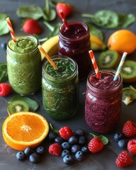 Smoothie jars filled with green, berry, and tropical blends, promoting plantbased diets and healthy eating, vibrant and refreshing, isolated background