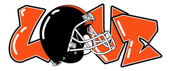 Love - orange and black  football player helmet, sport vector graphics, hockey, for street art - graffiti lettering typography - art illustration - multicolor - writen Word -

