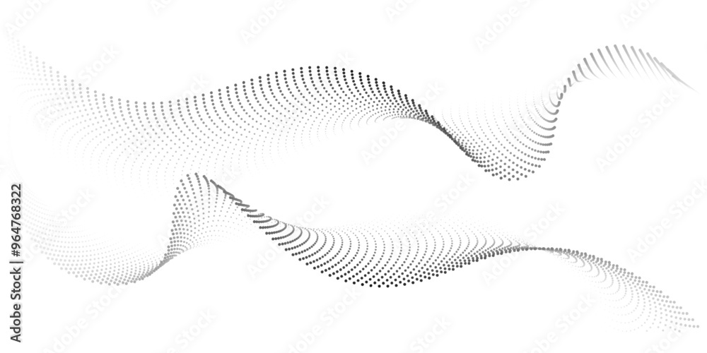 Poster Abstract flowing dots particles wave pattern. Halftone gradient curve shape isolated on white background. Modern vector banner in concept of AI, technology, science, music festival.