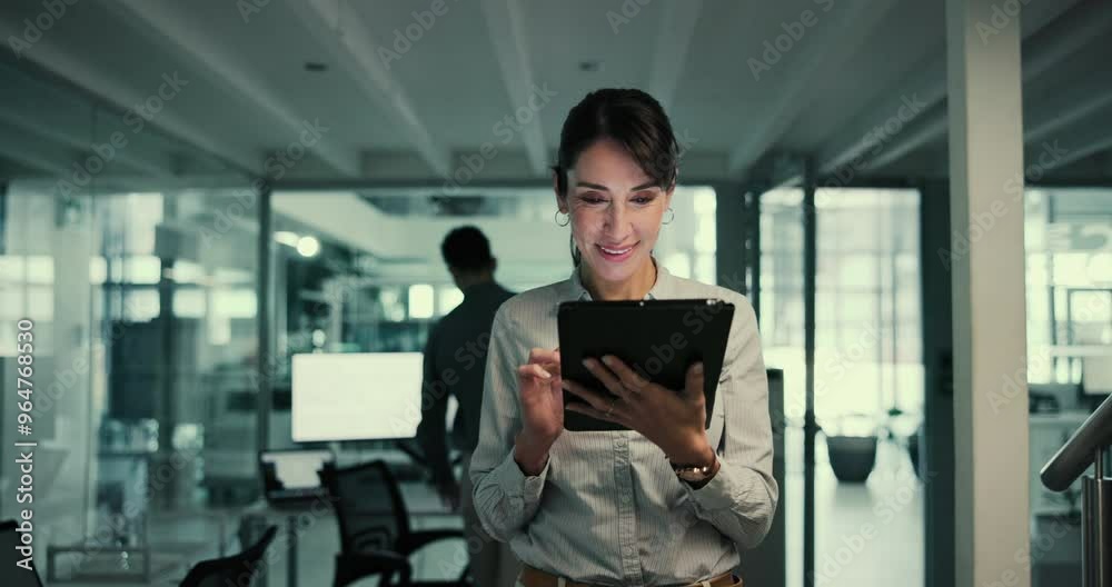 Poster walking, tablet and woman in prosthetic lab for medical equipment, robotics and mechanical productio