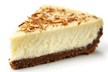 A slice of cheesecake sitting on a clean white surface, perfect for displaying or serving