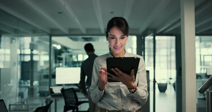 Walking, tablet and woman in prosthetic lab for medical equipment, robotics and mechanical production. Factory, engineering and person on digital tech for research, internet or artificial limb design