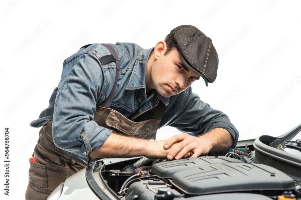 Poster a person working on a vehicle's engine, with tools and parts scattered around