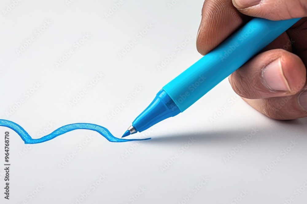 Poster a person draws a line using a blue marker, providing details and precision
