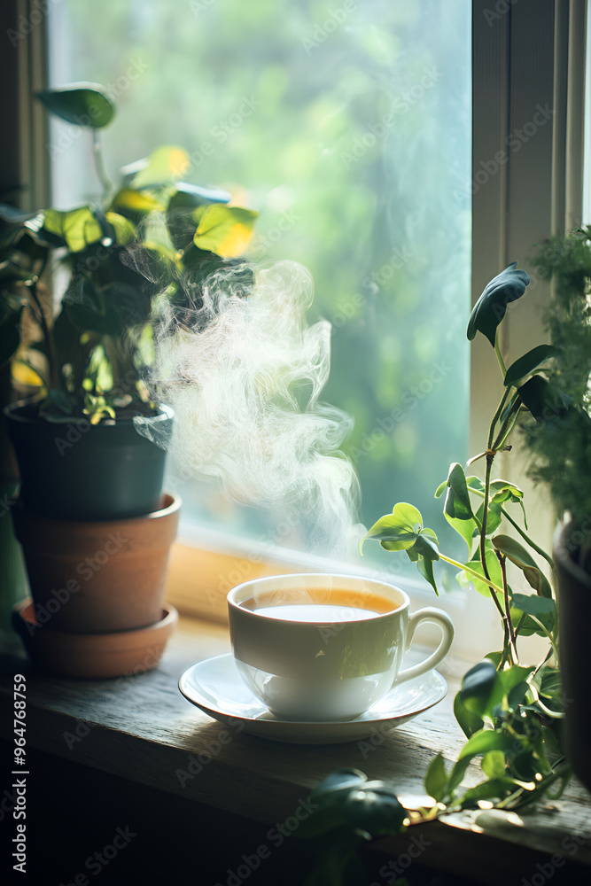 Wall mural Cup of steaming tea placed by the window, surrounded by green plants in soft morning light