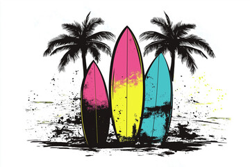 colorful holiday vintage surfboards with palm trees, generative AI