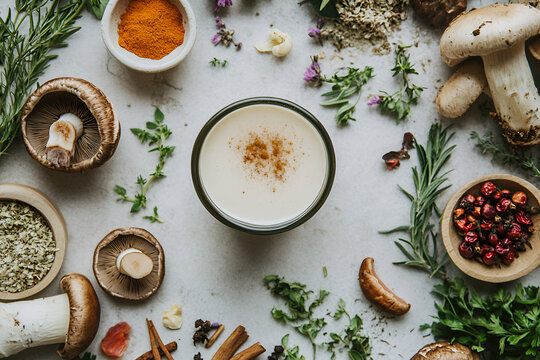 Cup of creamy mushroom latte surrounded by fresh herbs, spices, and mushrooms on a light background