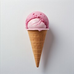 Pink soft serve ice cream in a cone on white background..