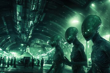 The First Contact: A group of humans stand in awe as three towering alien beings emerge from the shadows, their green skin shimmering under the neon glow of a futuristic cityscape.