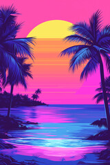 beach with palm trees by the ocean at sunset, yellow, red, pink and purple colors, generative AI