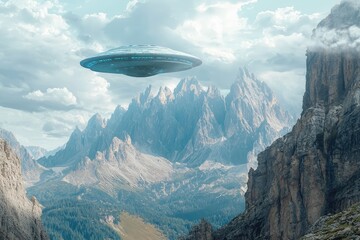 Fototapeta premium A mysterious alien ship hovers above a majestic mountain range, casting a shadow of wonder and anticipation.