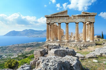 A Majestic View: Ancient Greek Temple Ruins Overlooking a Pristine Aegean Sea