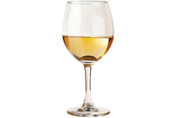 A glass of white wine placed on a plain white background, perfect for use in food and beverage marketing campaigns or as a simple design element