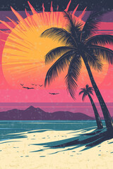 beach with palm trees by the ocean at sunset, yellow, red, pink and purple colors, generative AI