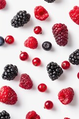 A selection of mixed berries arranged on a clean white surface