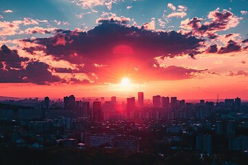 Obraz premium A fiery sunset paints the sky above a city skyline, casting a warm glow on the buildings below.