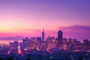 Fototapeta premium San Francisco's Skyline Glows with Twilight Hues, a Captivating Blend of Light and Color.