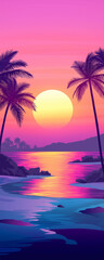 Fototapeta premium beach with palm trees by the ocean at sunset, yellow, red, pink and purple colors, generative AI